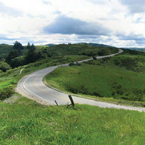 A winding road curves through lush green hills under a partly cloudy sky, with trees and grassy fields on either side of the pavement.
