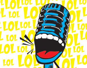 A cartoon-style blue microphone with a wide open mouth laughing, set against a background filled with the repeated yellow text “LOL.”.