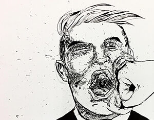 Black and white sketch of a man in a suit being punched in the face. His cheeks and lips are distorted from the impact, and there’s a small cartoon face pinned to his lapel. Ink splatters emphasize the force of the punch.