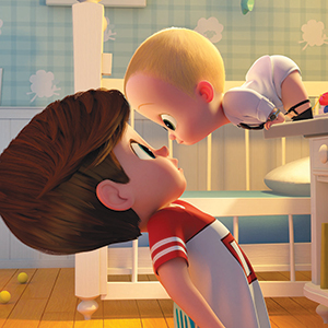 An animated baby leans over a crib, facing a young boy with brown hair and a red shirt who is staring back, both with surprised expressions in a brightly lit nursery.