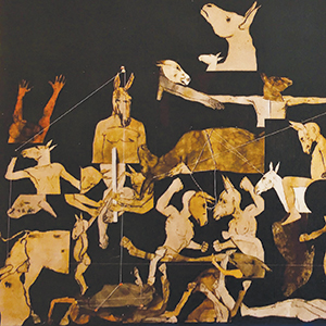 Abstract painting with fragmented, overlapping animal and human figures in brown, beige, and black tones. Some figures have raised arms and expressive poses against a dark background. The style is chaotic and dynamic.