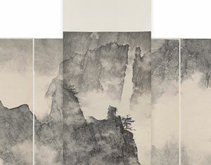 Ink painting of misty mountains with rocky peaks and trees, divided into four vertical panels. The landscape is shrouded in fog, creating a serene and mysterious atmosphere.