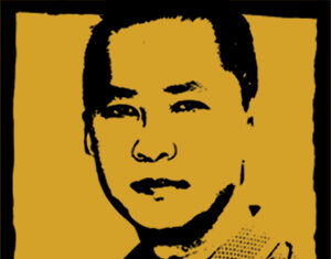 A stylized, high-contrast portrait of a man on a yellow background, with bold black outlines and shading highlighting his facial features and shirt.