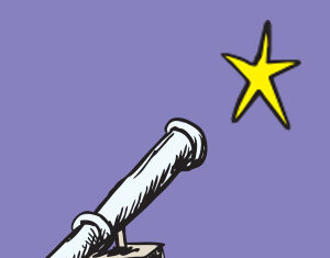 A cartoon-style telescope on a tripod is pointed toward a bright yellow star in the purple sky.