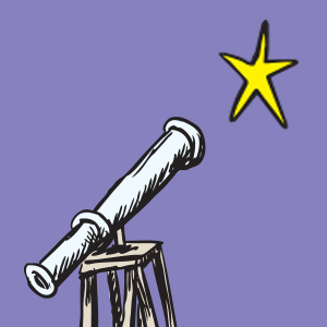 A drawing of a telescope on a tripod pointed toward a yellow star in the night sky, with a purple background.