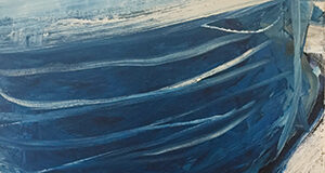 Abstract painting in shades of blue and white, featuring sweeping, curved brushstrokes that resemble layered waves or fabric folds, creating a sense of movement and depth.
