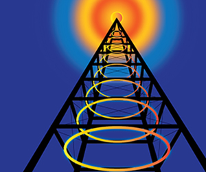 Illustration of a radio transmission tower emitting colorful, concentric radio waves upward into a bright orange and yellow glow against a dark blue background.