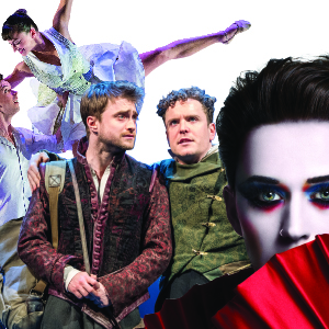 A collage showing ballet dancers in mid-performance, two men in period costumes looking serious, and a person with dramatic makeup holding a red fan partially covering their face.