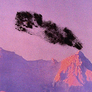 A mountain peak with a dark, cloud-like shape above it, resembling smoke, under a pink and purple sky.