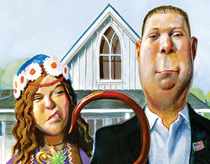 A cartoon woman in hippie attire with a marijuana leaf and peace sign necklace stands next to a stern man in a suit holding a shepherd’s crook, with a white house featuring a large arched window in the background.