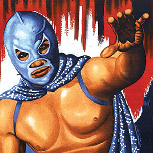 A masked wrestler wearing a sparkling blue cape and mask poses with one arm extended forward, set against a dramatic red, white, and black background.