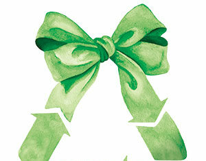 A green watercolor recycling symbol is topped with a matching green ribbon bow, combining the themes of recycling and gift-giving.
