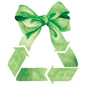 A green watercolor recycling symbol is topped with a matching green ribbon bow, combining the themes of recycling and gift-giving.