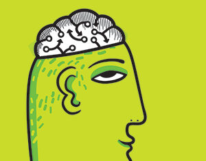 Illustration of a persons head in profile on a green background, with the top of the head open to reveal a brain containing circuit-like patterns, symbolizing artificial intelligence or technology.