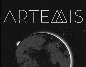 Book cover for Artemis by Andy Weir, featuring a dark, detailed image of the moon against a black background with stylized white text and an orange highlight on The Martian.