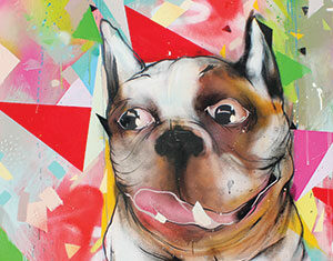 A colorful, abstract painting of a dog with wide, expressive eyes and an open mouth. The background features vibrant geometric shapes in red, green, and pink hues, adding a playful, energetic feel to the artwork.