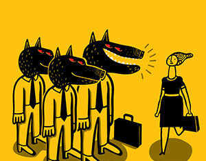 Illustration of three men in suits with wolf heads and briefcases, facing a woman holding a briefcase. One wolf grins menacingly at the woman, who appears calm. The background is yellow.