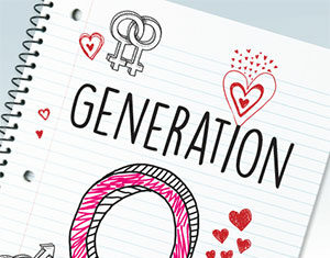 A notebook page with GENERATION Q written on it, surrounded by doodles of hearts and overlapping gender symbols, drawn in black and red ink.