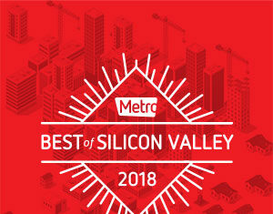 Red graphic featuring an abstract cityscape, overlaid with white text reading “Metro Best of Silicon Valley 2018” inside a diamond-shaped design with lines radiating outward.
