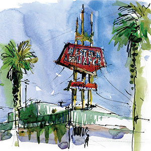 A colorful watercolor sketch shows a retro Western Appliance sign with Maytag below it, surrounded by palm trees, set against a blue sky.