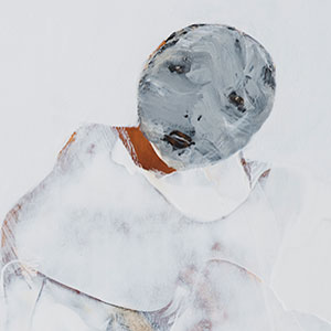Abstract painting of a figure with a gray, smudged face and minimal facial features against a white background. The bodys shape is loosely sketched with hints of brown and translucent white tones.
