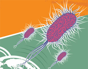 Illustration of three stylized bacteria with flagella, floating above a depiction of Earth, set against an orange and green background.