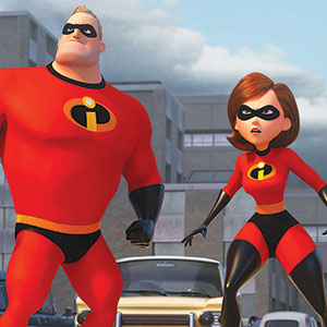 Two animated superheroes in red and black costumes with masks, standing side by side in a city street, appearing alert and ready for action.
