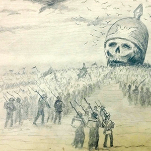 A pencil drawing of soldiers marching towards a giant helmet partially buried in the ground, which features a large human skull inside. Birds fly above the helmet, and flags are visible among the marching figures.