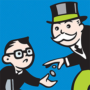 Cartoon image of the Monopoly Man handing coins to a sad, bespectacled man against a blue background. The Monopoly Man is wearing a top hat and suit and has a mustache.