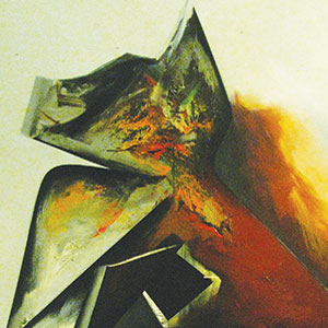 Abstract painting with angular, metallic shapes and vibrant splashes of orange, yellow, and green on a light background. The forms create a dynamic, energetic composition with a sense of movement.