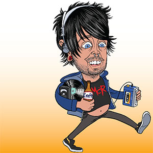 Cartoon of a person with black hair, headphones, and a blue jacket, holding vinyl records, a drink, and a cassette player. They wear a black crop top with MCR and are walking with a wide smile.