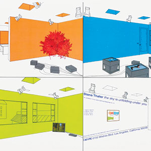 A four-panel illustration of a gallery space with colorful walls in orange, blue, yellow, and green, featuring scattered screens and projectors, and an invitation text displayed on the blue wall.