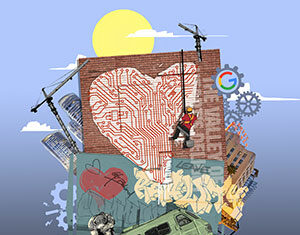 A collage features a brick wall with a circuit heart, construction cranes, buildings, Google logo, gears, a worker on a rope, a camper van with a tent, and a red car under a bright sun.