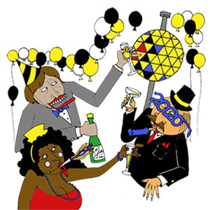 Cartoon of three people at a New Years party with party hats, noise makers, drinks, and a 2020 glasses. Black and yellow balloons and a decorative ball are in the background.