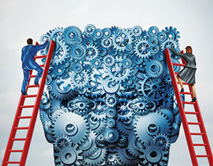 Two people on red ladders adjust blue gears inside a human head silhouette, symbolizing teamwork and collaboration in problem-solving or mental processes.