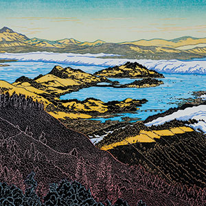Colorful landscape with rolling hills, islands, and a body of water under a yellow sky. Foreground has dark trees and hills, while the midground features golden land and blue water, with distant mountains in the background.