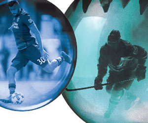 A blue-tinted collage shows a soccer player kicking a ball inside a circle on the left, and a hockey player skating with a stick inside another circle on the right.