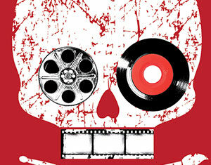 A graphic of a white skull on a red background, with a film reel and a vinyl record as eyes, a filmstrip as teeth, and two crossed drumsticks below like crossbones.