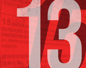 Large, white number 13 over a red-tinted background with partially visible, blurred text about services, amendments, and taxes.