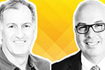 Two men are pictured side by side against a bright yellow, geometric background. The man on the left has short hair and a collared shirt, while the man on the right is bald, wears glasses, and a suit.