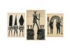 Three abstract ink drawings on paper depict stylized humanoid and animal-like figures with horns and spears, arranged in simple, primitive forms on a white background.