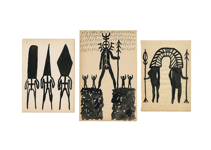 Three abstract ink drawings on paper depict stylized humanoid and animal-like figures with horns and spears, arranged in simple, primitive forms on a white background.