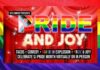 A colorful flyer with PRIDE AND JOY in bright letters, surrounded by lights and rainbow colors, promoting comedy and Pride Month events. A rainbow flag is in the background.