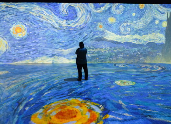A person stands in front of a large immersive projection of Vincent van Gogh’s painting The Starry Night, surrounded by swirling blue and yellow patterns.