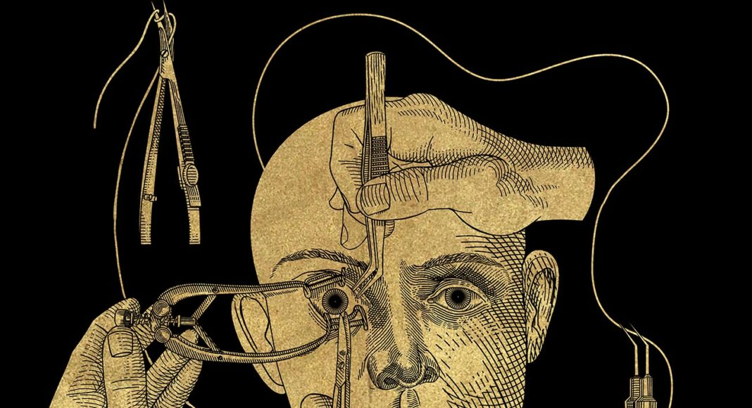 A stylized gold and black illustration of a person’s face being measured and altered with compasses, calipers, and a scalpel, surrounded by hands holding surgical instruments.