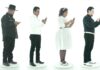 Four people stand on white circular platforms against a white background, all looking down at their smartphones. Each person has a unique outfit and pose, appearing focused on their screens.