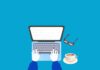 Illustration of hands typing on a laptop keyboard, with red glasses and a cup of coffee with latte art on the right, set against a blue background.