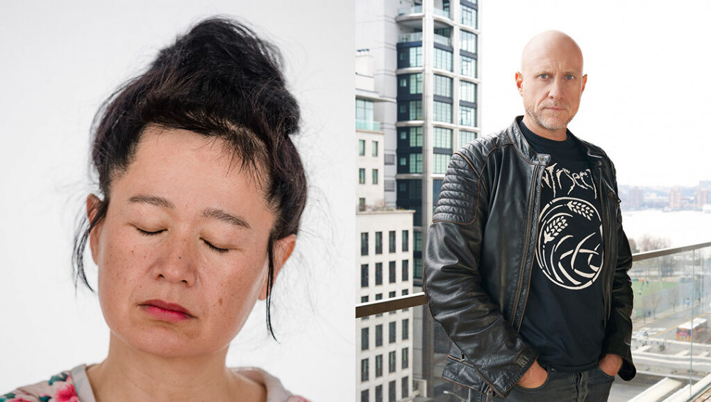 Split image: On the left, a woman with dark hair in a messy bun and closed eyes wears a light floral top. On the right, a bald man in a black leather jacket stands outside by a railing, city buildings in the background.