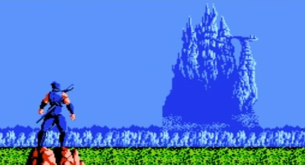 A pixelated ninja stands on a cliff, overlooking a vast field and a towering, jagged blue mountain in the distance beneath a clear blue sky.