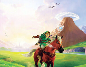A character in a green tunic rides a brown horse through a vibrant, grassy landscape with mountains, a castle in the distance, and a glowing fairy-like creature floating nearby.